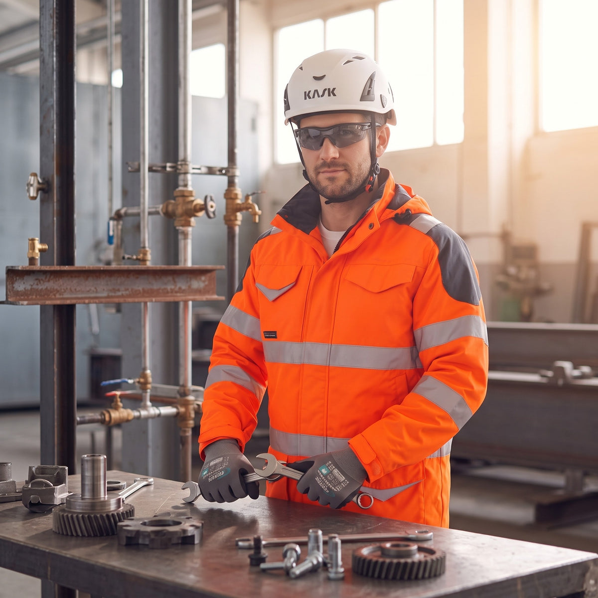 Schutz von Kopf bis Fuss: Helm, Schutzbrille, Warnschutzjacke und Handschuhe in der Industriehalle
