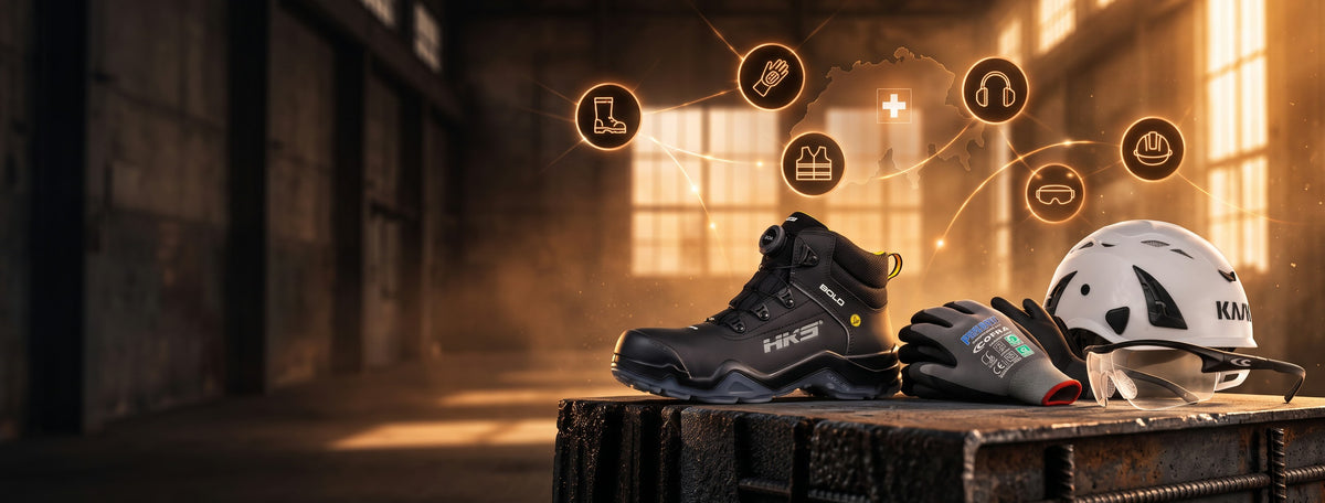 Wekatex PSA-Sortiment: HKS Sicherheitsschuh, Cofra Handschuhe, KASK Helm und Schutzbrille in der Werkhalle