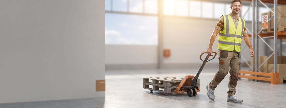 Lagerlogistiker mit Warnweste und Sicherheitsschuhen beim Hubwagen – Transport & Logistik