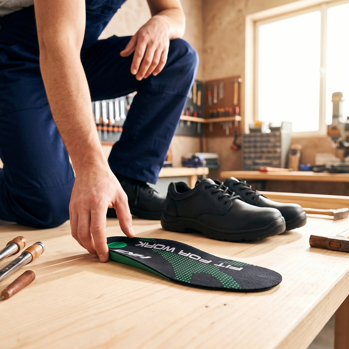 Schuhzubehör: HKS FIT FOR WORK Fussbett in der Werkstatt neben Arbeitsschuhen